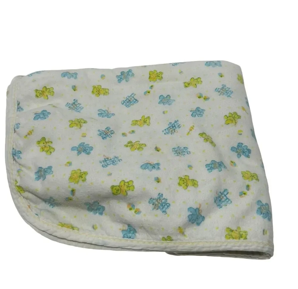 Vintage Stork Craft Cotton Baby Blanket Blue Yellow Green Bears Blocks